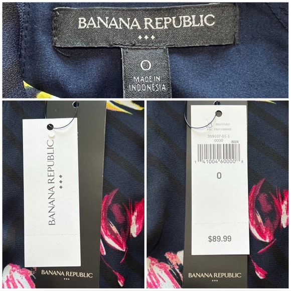 Banana Republic New Dress Twist Neck Short Sleeve Sheath Floral Navy Blue 0 XS - Picture 6 of 16